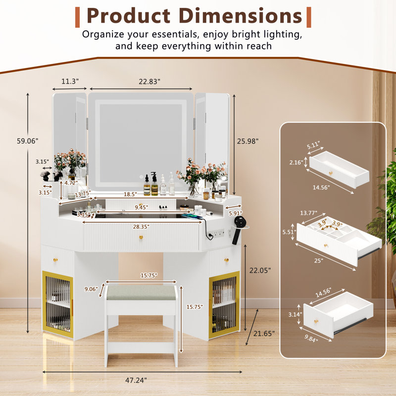 Bureau de coiffeuse d'angle avec miroir à 3 voies et lumières, table de maquillage avec tiroirs de rangement, grandes armoires, plateau en verre et tabouret - blanc