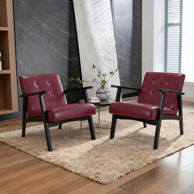 Fauteuil Mid-Century moderne en cuir artificiel touffeté de 21,65 po de large Havva, Bourgogne
