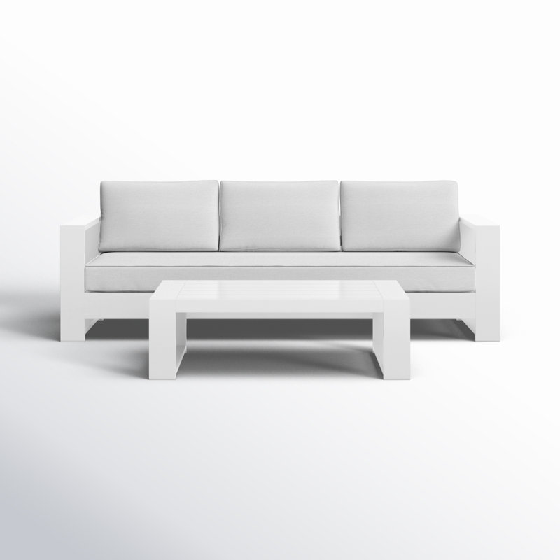 Hoyt Outdoor Aluminum Conversation Set with End Table, 2 Pcs: Coffee Table, 1 Sofa, Light Gray, Snow White