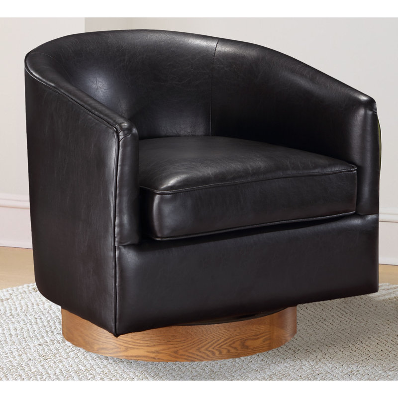 Asmi 29" Wide Swivel Barrel Accent Chair, Dark Brown Faux Leather