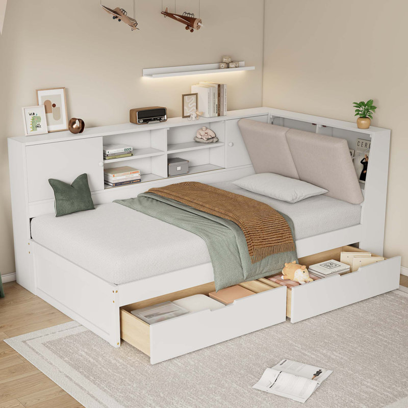 L-shaped Daybed Corner Bed Under-bed Drawers with USB Charging Ports, Twin, White