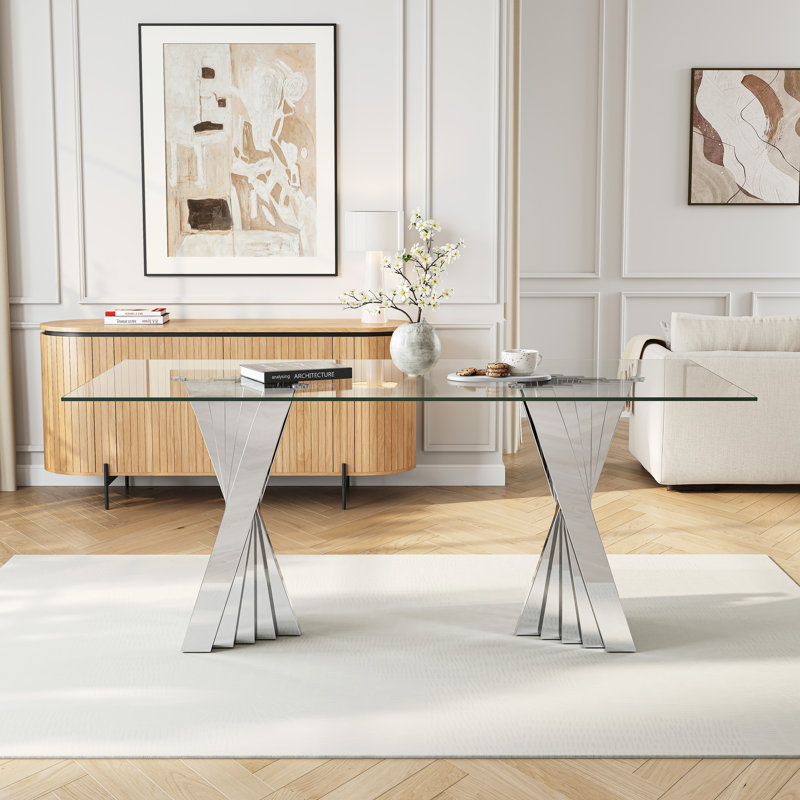 70.08" Glass Top Metal Base Dining Table, Silver