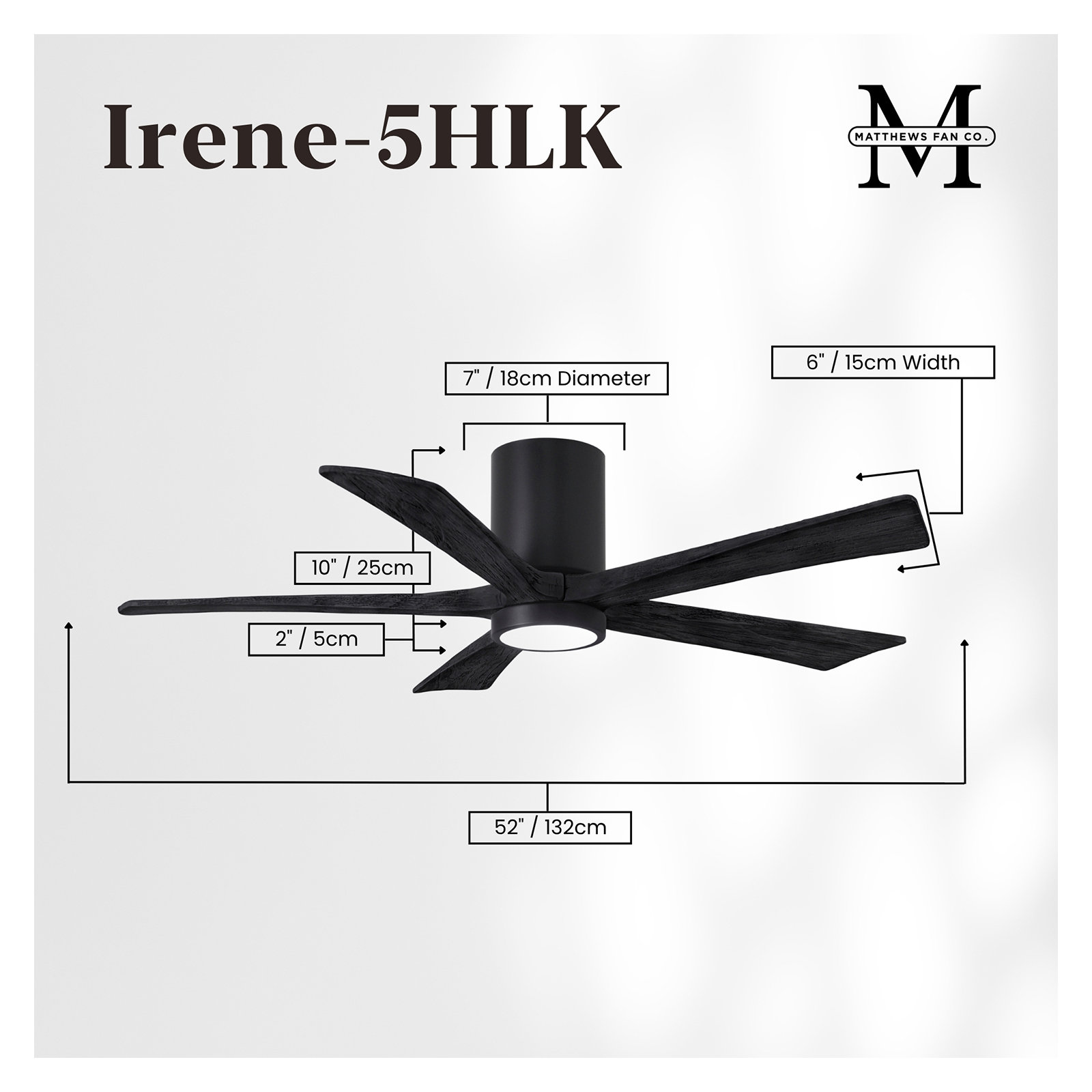 Irene 5 - Blade LED Ceiling Fan with Light Kit Included, Matte Black, Matte Black, 52"