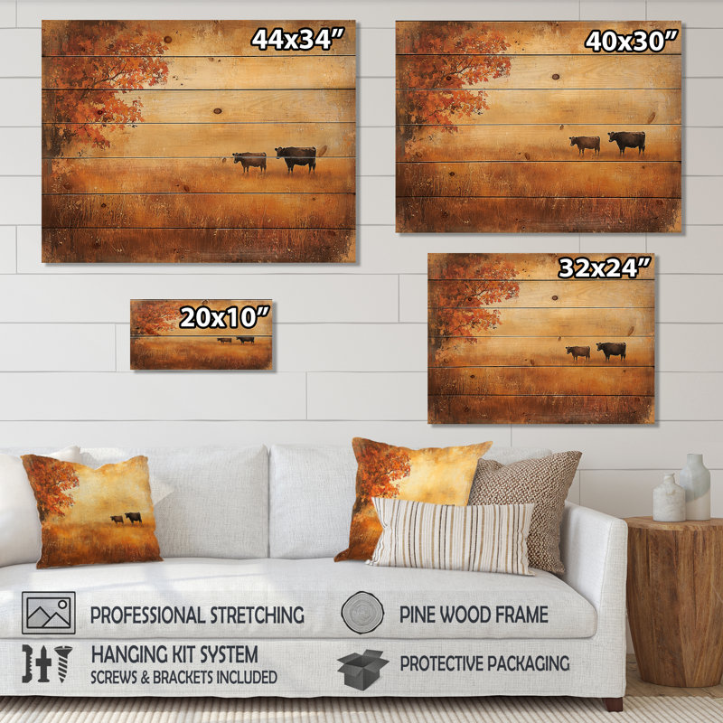 Vaches dans les champs d'automne II - Décoration murale campagne en bois - sur bois de pin naturel