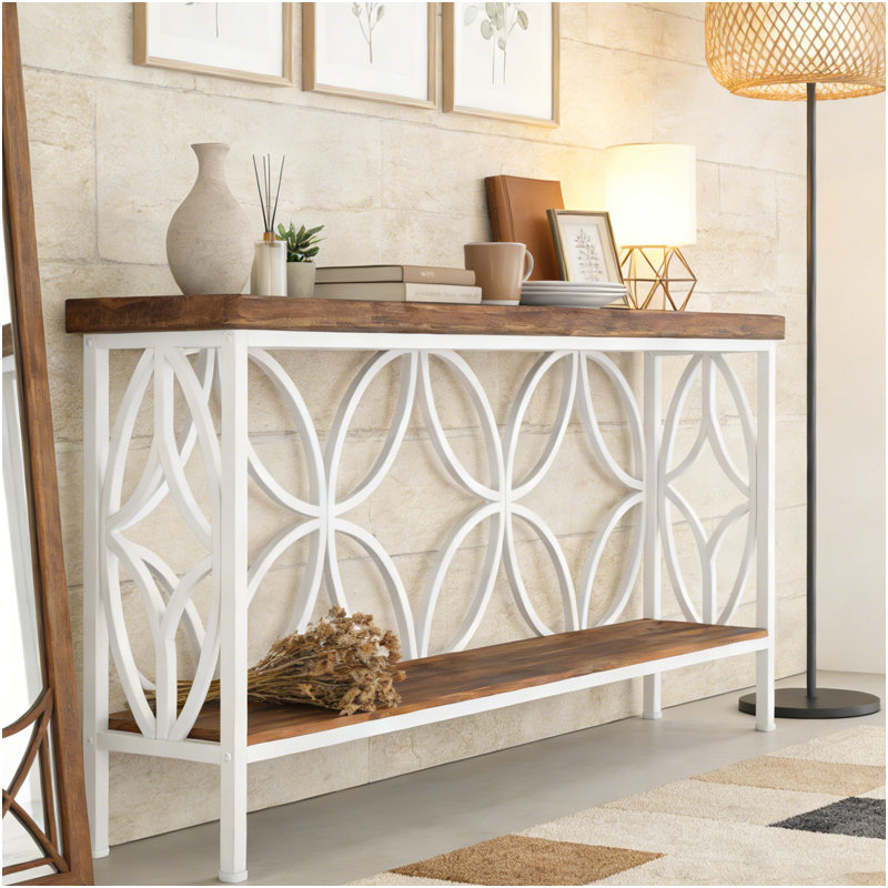 2-Tier Console Table Industrial Sofa Table Behind Couch, White & Brown