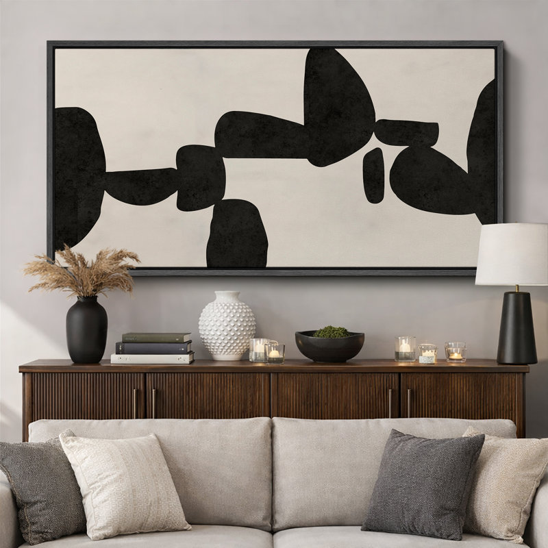 Abstrait abstrait géométrique noir Mid-Century, H 30 po x l 60 po, Noir, noir, noir, noir