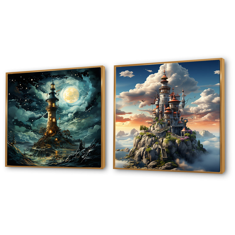 Fantasy Wizards Tower I - ensemble de 2 reproductions d'art sur toile, Cadre flottant doré, H 16 po x l 33 po x P 1 po