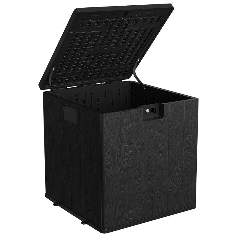 Qeetex 28 Gallon Weatherproof Resin Outdoor Storage Deck Box with Lockable Lid & Handles - Waterproof Patio Bin for Cushions, Garden Tools, Pool Accessories - Black, Imitation Rattan Design
