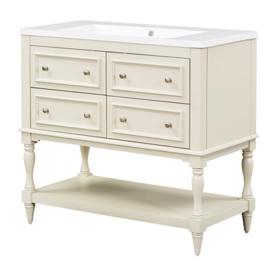 Ensemble de meuble-lavabo 36 po avec ensemble de meuble-lavabo, lavabo sous-plan en résine, ensemble de meuble-lavabo autoportant avec 4 tiroirs, armoire de salle de bain avec cadre en bois massif, beige