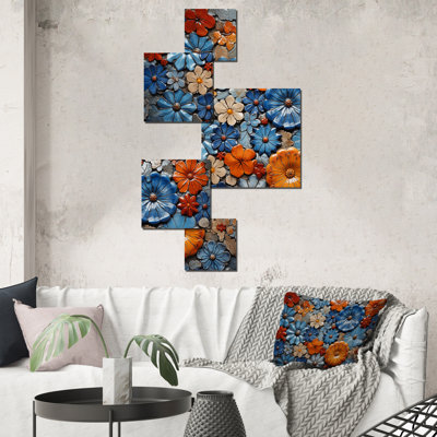 Floral bohème mosaïque bleue et orange mosaïque 1 - ensemble d'art mural carré mosaïque bohème de 5
