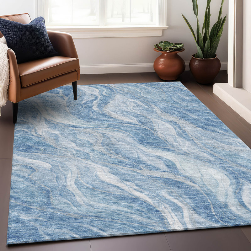 Tapis bleu Prisco lavable à la machine de qualité supérieure, Rectangulaire 3 pi x 5 pi