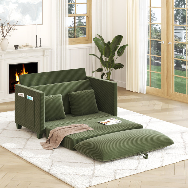 51" Convertible Sofa Bed With Storage Pockets & 2 Pillows, Modern 2-In-1 Folding Corduroy Fabric Loveseat For Small Spaces, Green