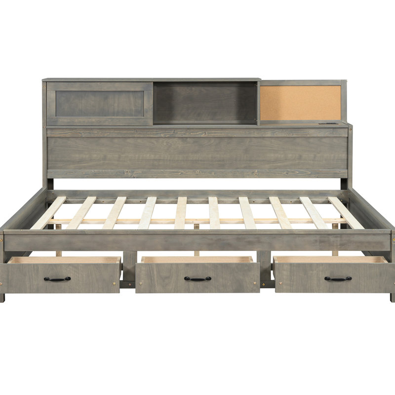 Full Size Wooden Daybed In Gray Color, Comes With 3 Storage Drawers, Soft Headboard, And Device - Charging For Mobile Gadgets Function, Shelf, Sockets Tech