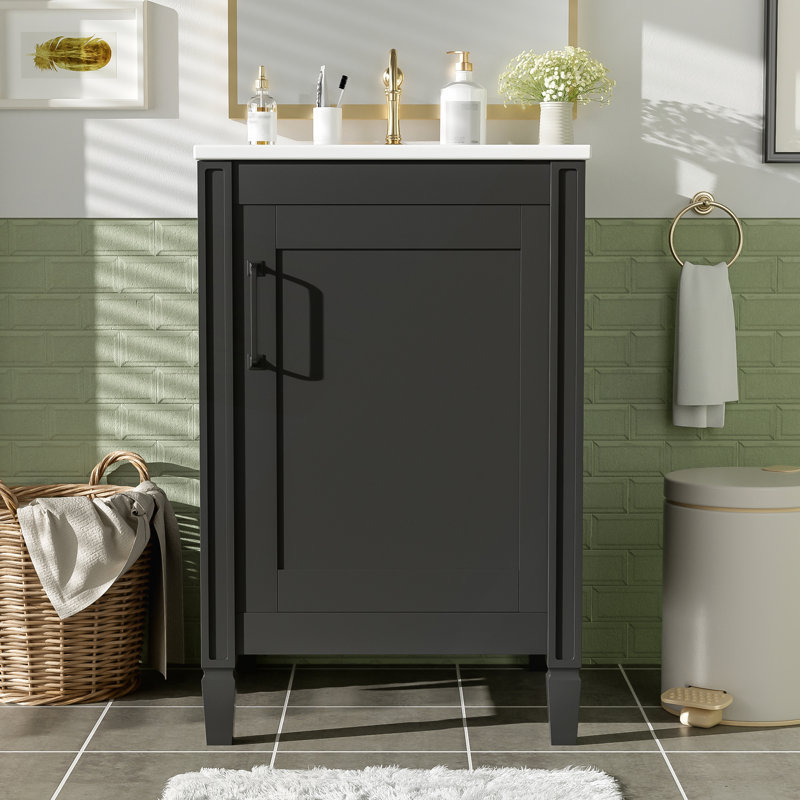 Meuble-lavabo noir de 20 po avec lavabo en céramique, porte à fermeture en douceur et tablette réglable en forme de U pour les petites salles de bain modernes