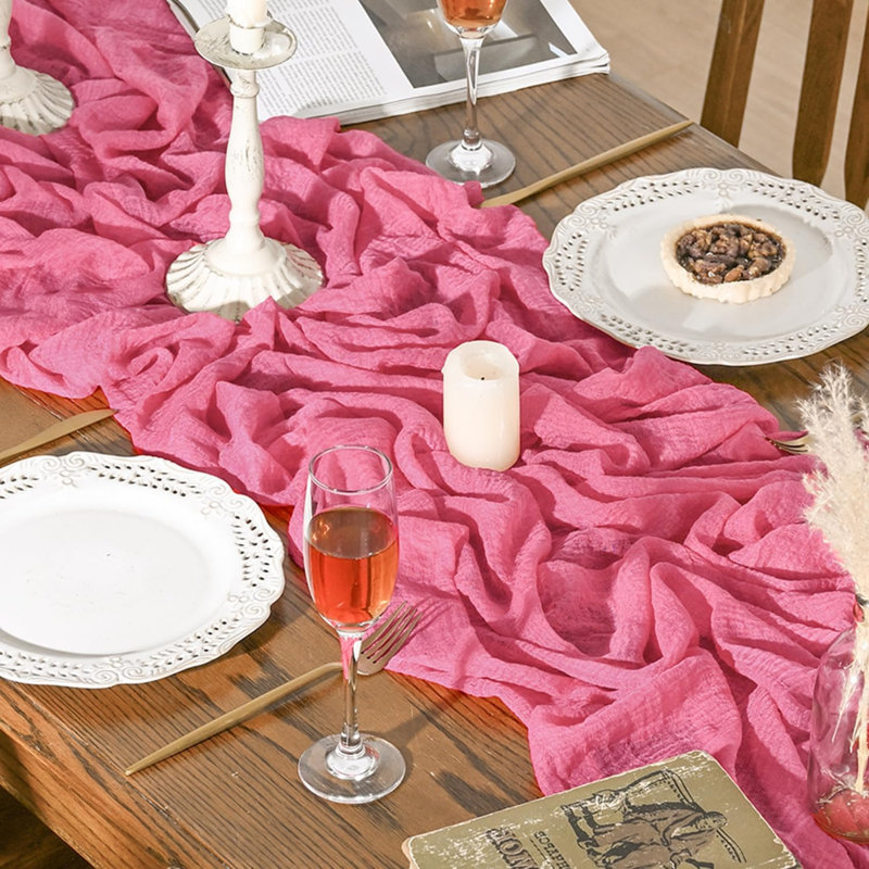 Rose Red Boho Gauze Wedding Cheesecloth Table Runner 300 cm | Seasonal Valentine's Day Bridal Fabric Kitchen Dining Holiday Table Decor for Home Party