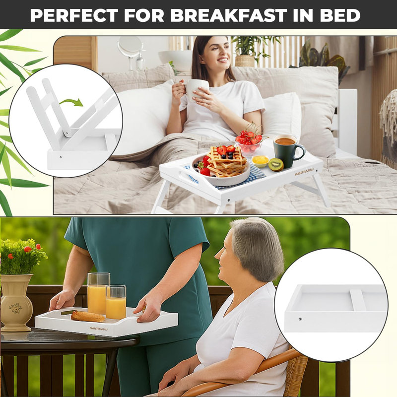 Ameleah Bamboo Tray Bed Tray Table with Foldable Legs And Handles Breakfast Tray Pack of 2 (White)