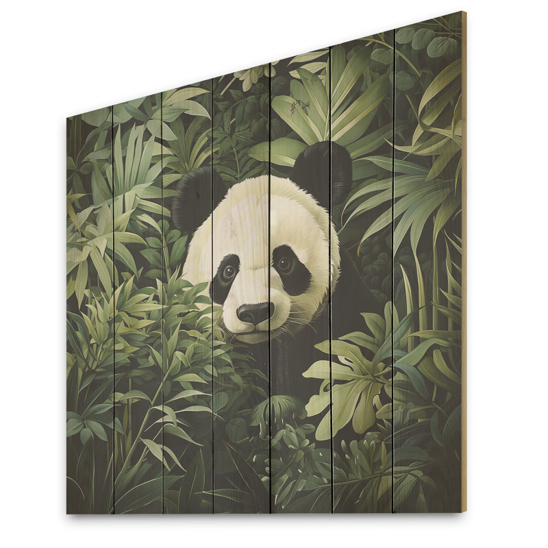 Panda caché dans un feuillage de bambou II - animal panda sur bois, H 25 po x l 25 po