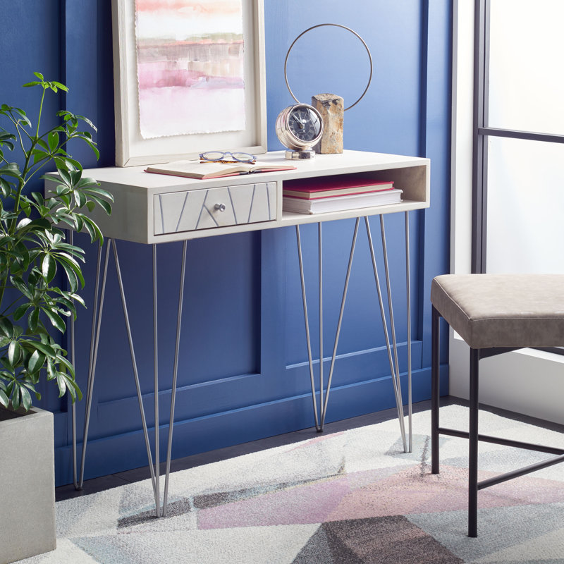Resch Solid Wood Iron Writing Desk, White Wash/Silver