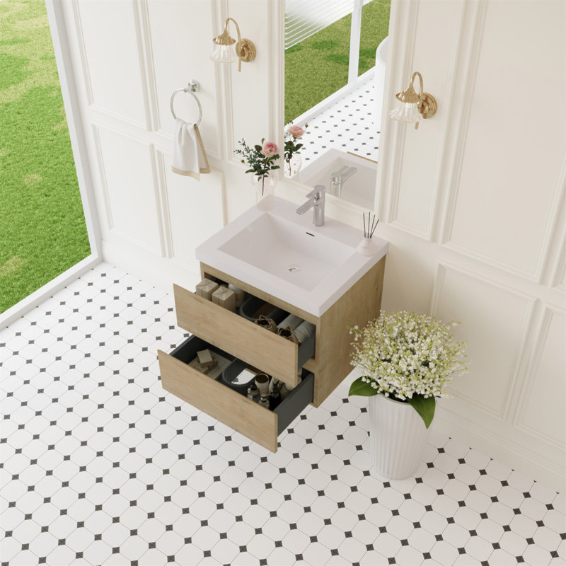 Meuble-lavabo flottant 24 po avec lavabo, meuble de rangement mural moderne, lavabo en résine, tiroirs à fermeture en douceur