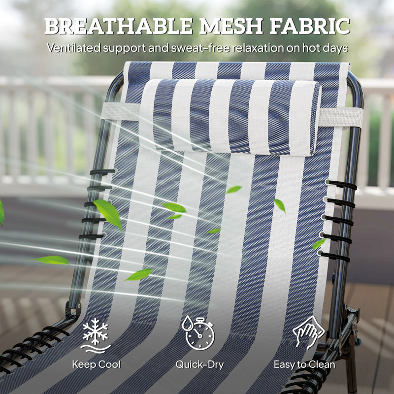 Folding Chaise Lounge Chair, Patio Sun Tanning Chair, Outdoor Chaise Lounger with 4-Position Reclining Back, Breathable Mesh Seat for Beach, Poolside, Yard, Blue and White
