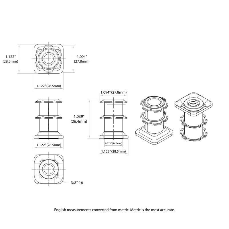 Insert de roulette à filetage étoile double Outwater Industries | Acier traité à la chaleur | Convient aux tubes carrés de 1-1 / 8 pouce de calibre 16 à 18 | FILETAGE: 3 / 8-16 | Paquet de 100