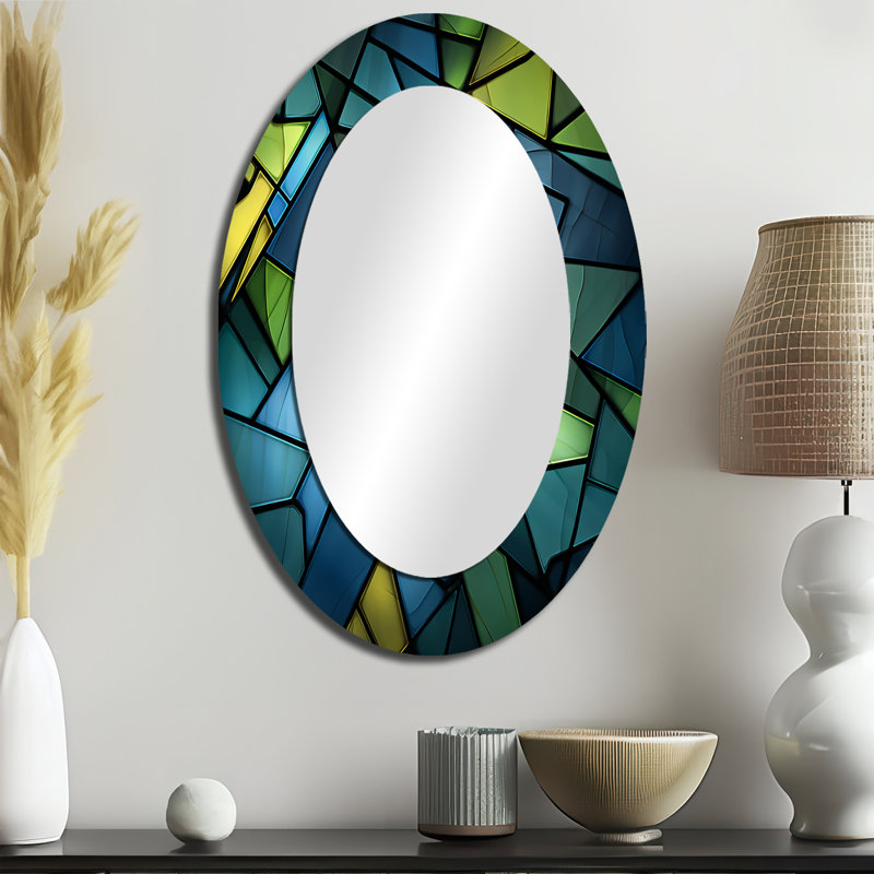 Blue Green Window Tides I - Grand miroir mural ovale sur métal, 36 po x 24 po