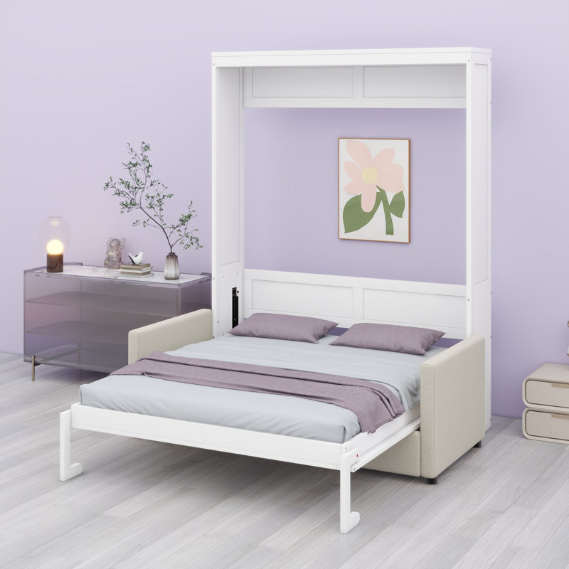Lit escamotable mural Murphy avec coussin, Lit double, Blanc