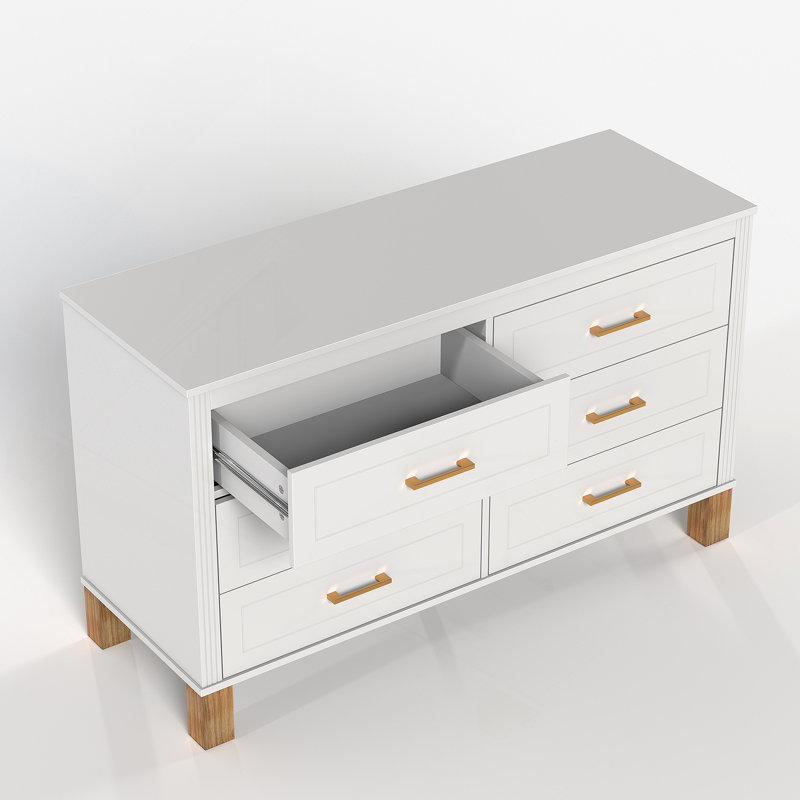 Commode 6 tiroirs, commode de rangement moderne avec poignées en métal et pieds en bois massif, Blanc
