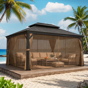 Hardtop Gazebo with Drainage System, Aluminum Permanent Outdoor Gazebo with Galvanized Steel Double Roof