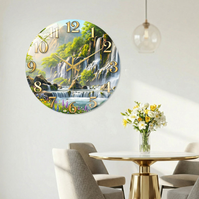 "Mountain Stream", horloge murale en verre, 60 x 60 cm (23,6 x 23,6 pouces)