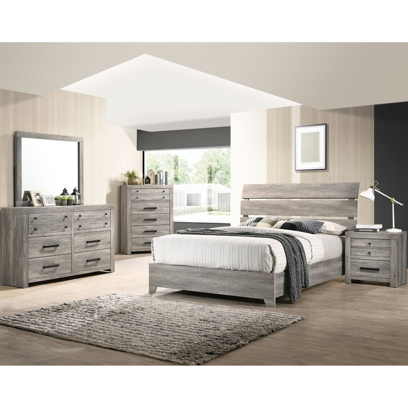 Grand lit moderne avec finition grise patinée rustique et tête de lit courbée, article de décoration de chambre à coucher, cadre en bois, aspect transitionnel, aucun sommier tapissier requis, cadre contemporain facile à assembler