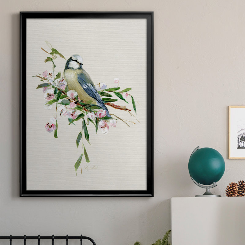 «Spring Song Blue Bird», peinture sur toile encadrée, H 30,5 po x l 42,5 po x P 1,5 po, Noir