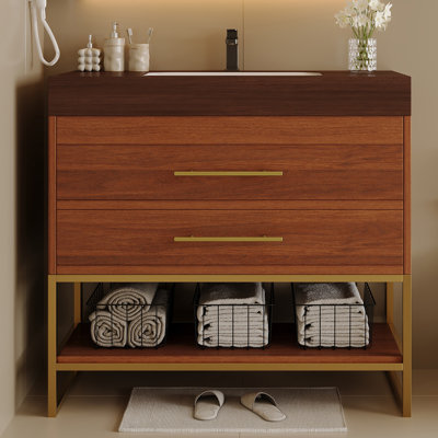 Meuble-lavabo moderne autoportant Aime 29,9 po avec dessus en pierre frittée, lavabo encastré en céramique et tablette inférieure pour petites salles de bain et appartements