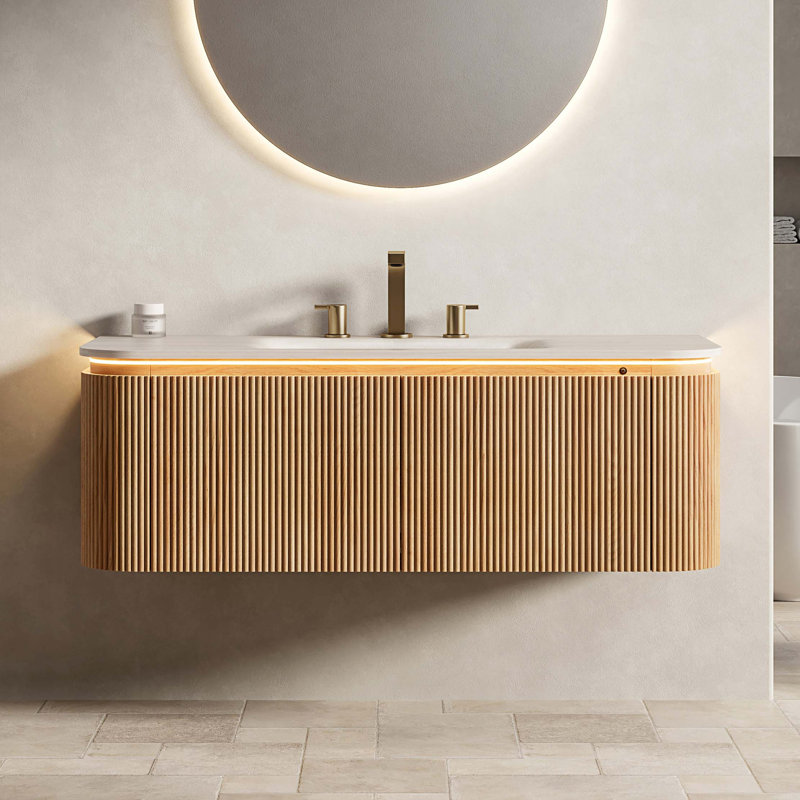Meuble-lavabo suspendu à bords incurvés avec lavabo en pierre frittée et éclairage à détecteur de mouvement, Centerset