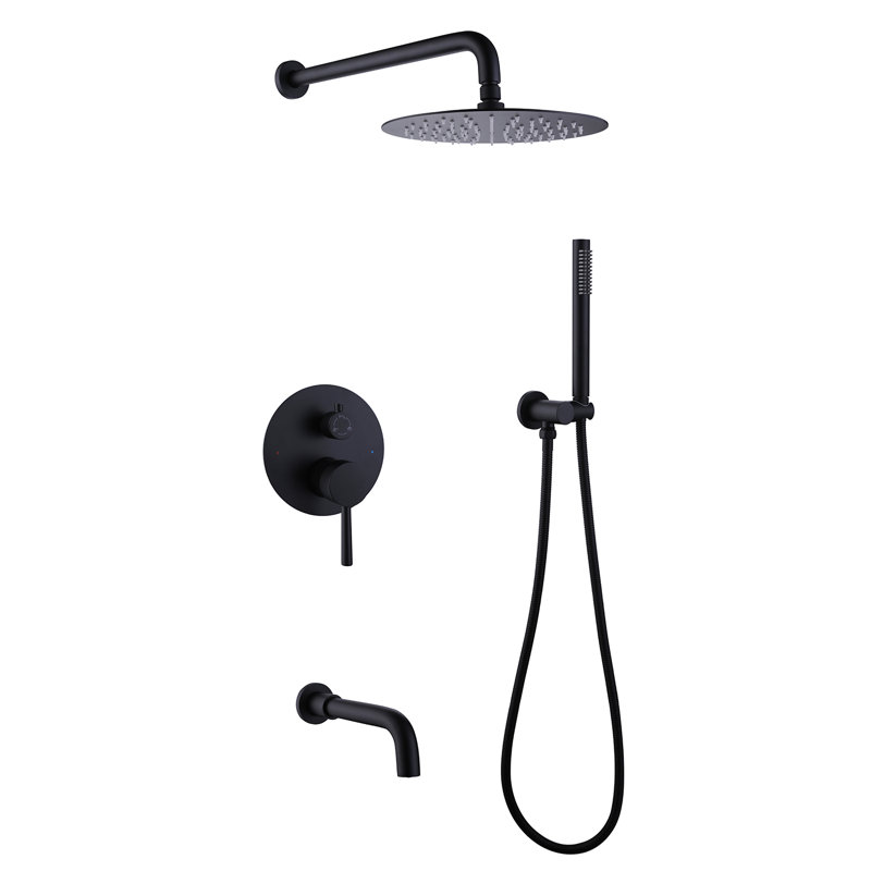 Système de douche complet encastré rond à une poignée avec pomme de douche à valve brute, Noir mat
