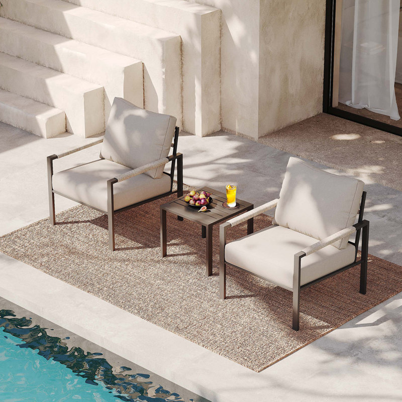  Metal 3 Pieces Patio Set, 2- Person Outdoor Seating Group With Thick Cushions, Coffee Table, Warm Gray