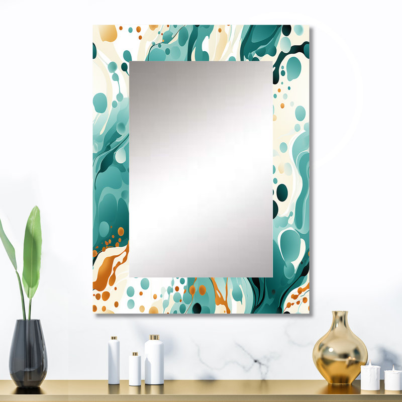 Tellisford Emerald And Cream Ink Splash - Abstract Decorative Wall Mirror, Modern Mirror, Printed Metal Art, 32" x 24"