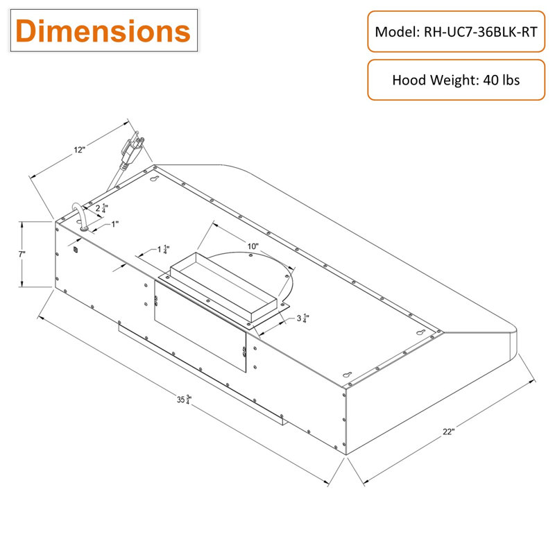 Hotte sous un meuble à conduit 36 pouces avec filtre à chicane et lumière incluse Awoco RH-UC7-36BLK