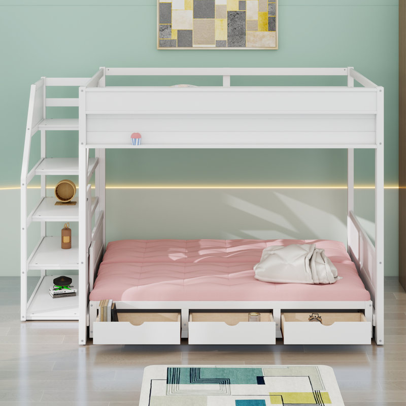 Économiseur d'espace avec lit superposé convertible, escalier de rangement, 3 tiroirs et table de chevet, Blanc