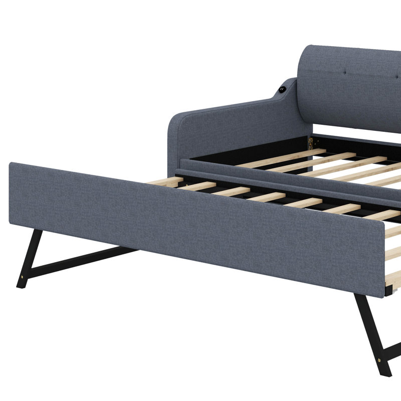Twin Upholstery Daybed With Trundle And USB, Gray