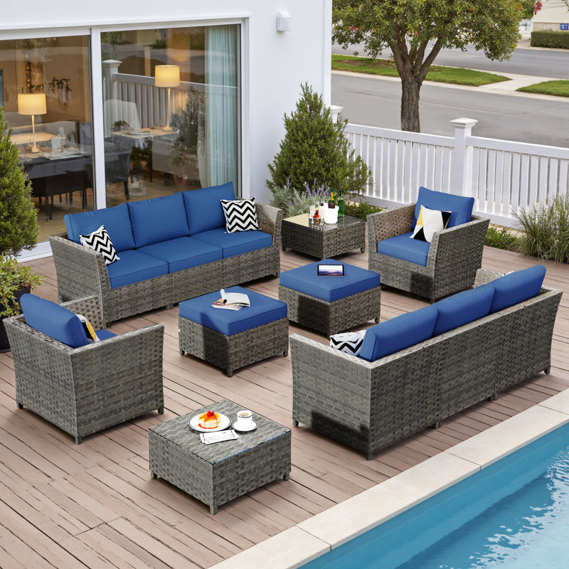 Ensemble de conversation modulaire en rotin avec coussins 8 pièces Darihanna, Bleu marine