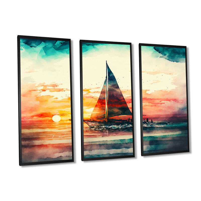 Voilier sur l'océan, aquarelle, coucher de soleil II, reproduction sur toile 3 pièces, H 28 po x l 36 po x P 1 po