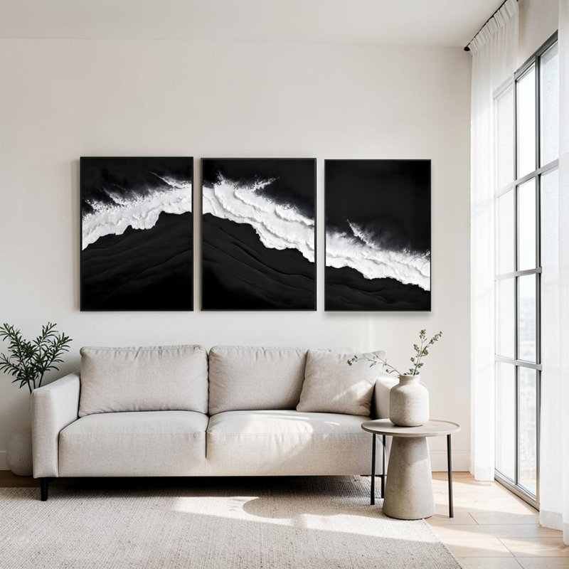Ensemble d'art mural abstrait 3 pièces, impressions sur toile encadrées noir et blanc, décoration murale moderne monochrome