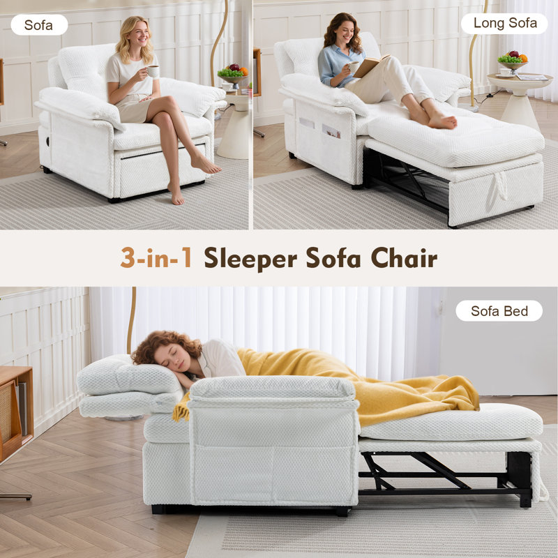 Meissalivve 3-in-1 Convertible Sleeper Chair, Sofa Bed With Usb Ports & Storage Pockets, Pull-out Single Couch Bed For Living Room (white)