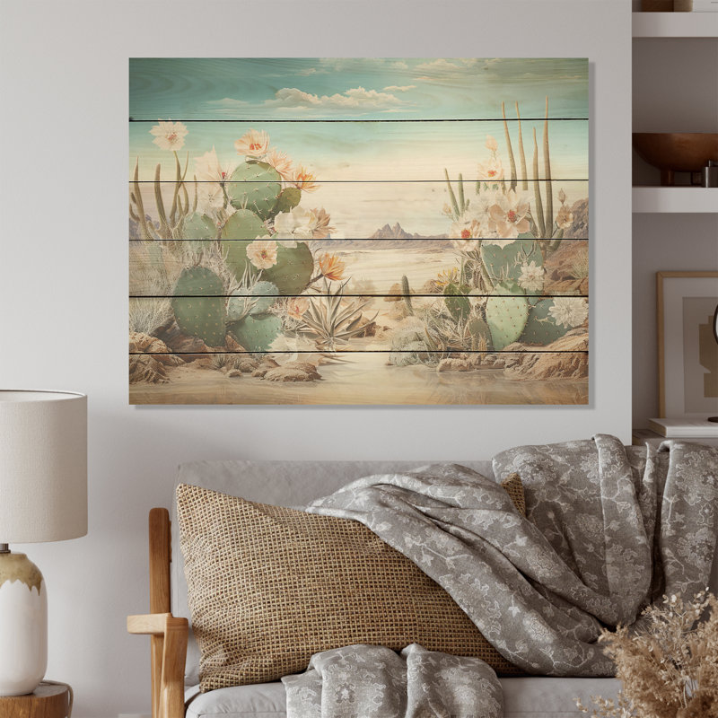 Collage de cactus sur la plage - Art mural en bois de cactus sur bois de pin naturel, H 30 po x l 40 po