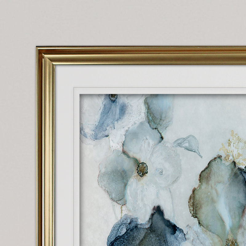 « fleuring indigo », reproduction de peinture à l’acrylique encadrée, H 28 po x l 38 po x P 1,5 po, Or