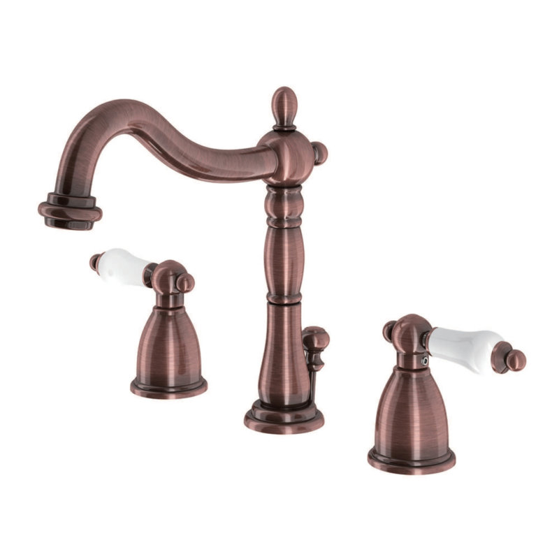 Kingston Brass Heritage Two-Handle 3-Hole Deck Mount Widespread Bathroom Faucet with Brass Pop-Up Drain, Antique Copper