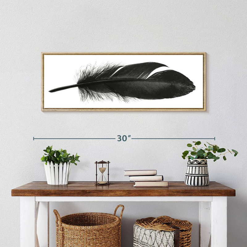 Dark Feather, Floating Frame Natural Wood, 28" X 10"