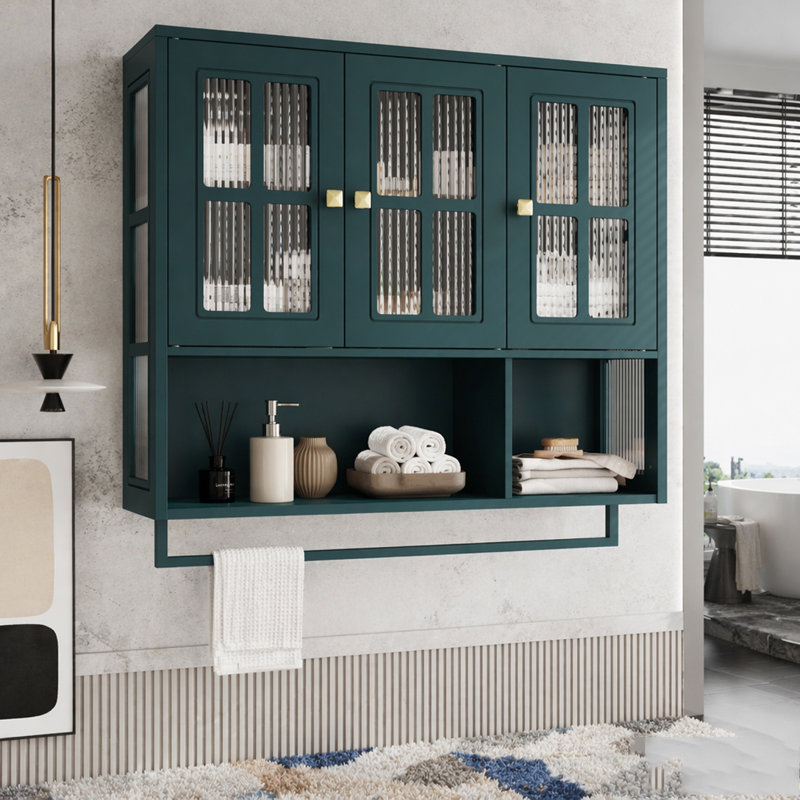 Armoire murale en bois à 3 portes avec porte-serviettes et verre, Dark Green