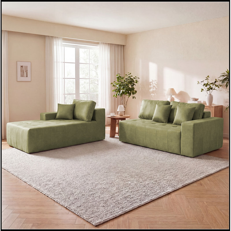 Canapé modulaire en similicuir avec méridienne et dossier moelleux, Grayish Green